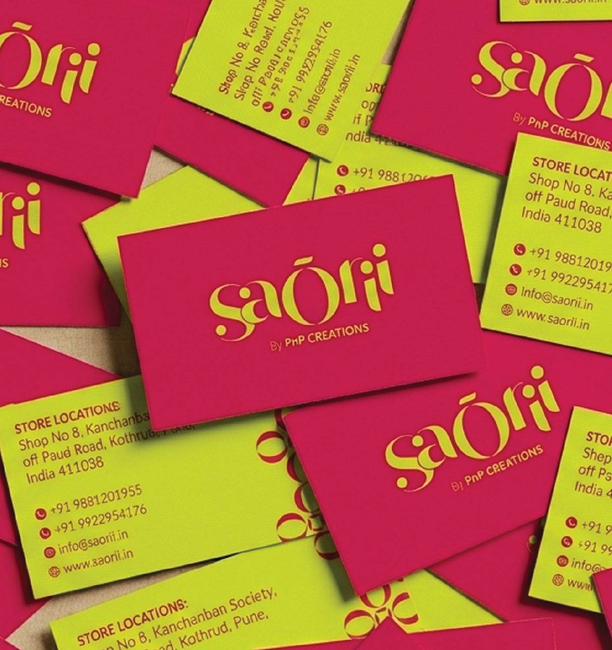 SaŌrii business cards in pink and lime, everyday collateral designed by Sigil Advertising in Pune