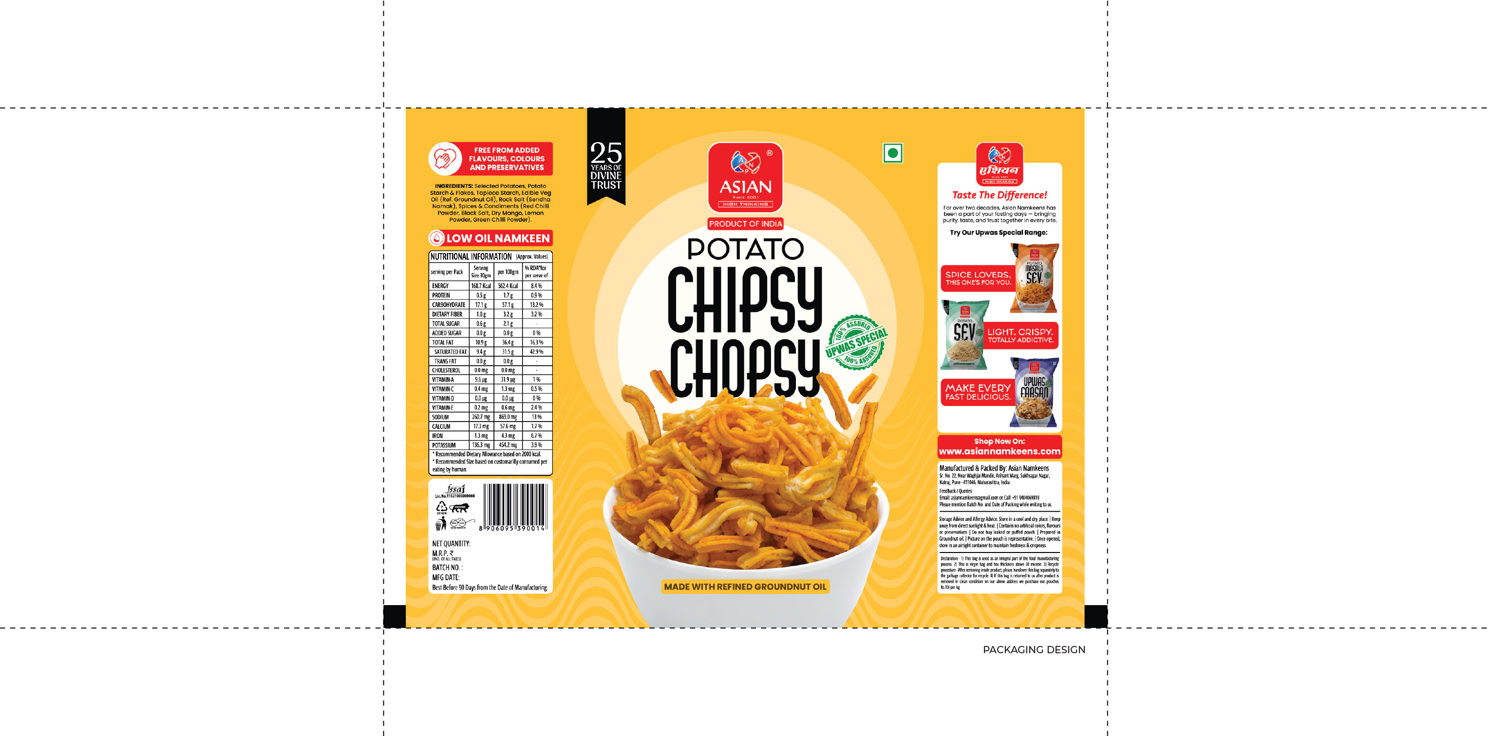 Asian Namkeens packaging flat design by Sigil Advertising Pune