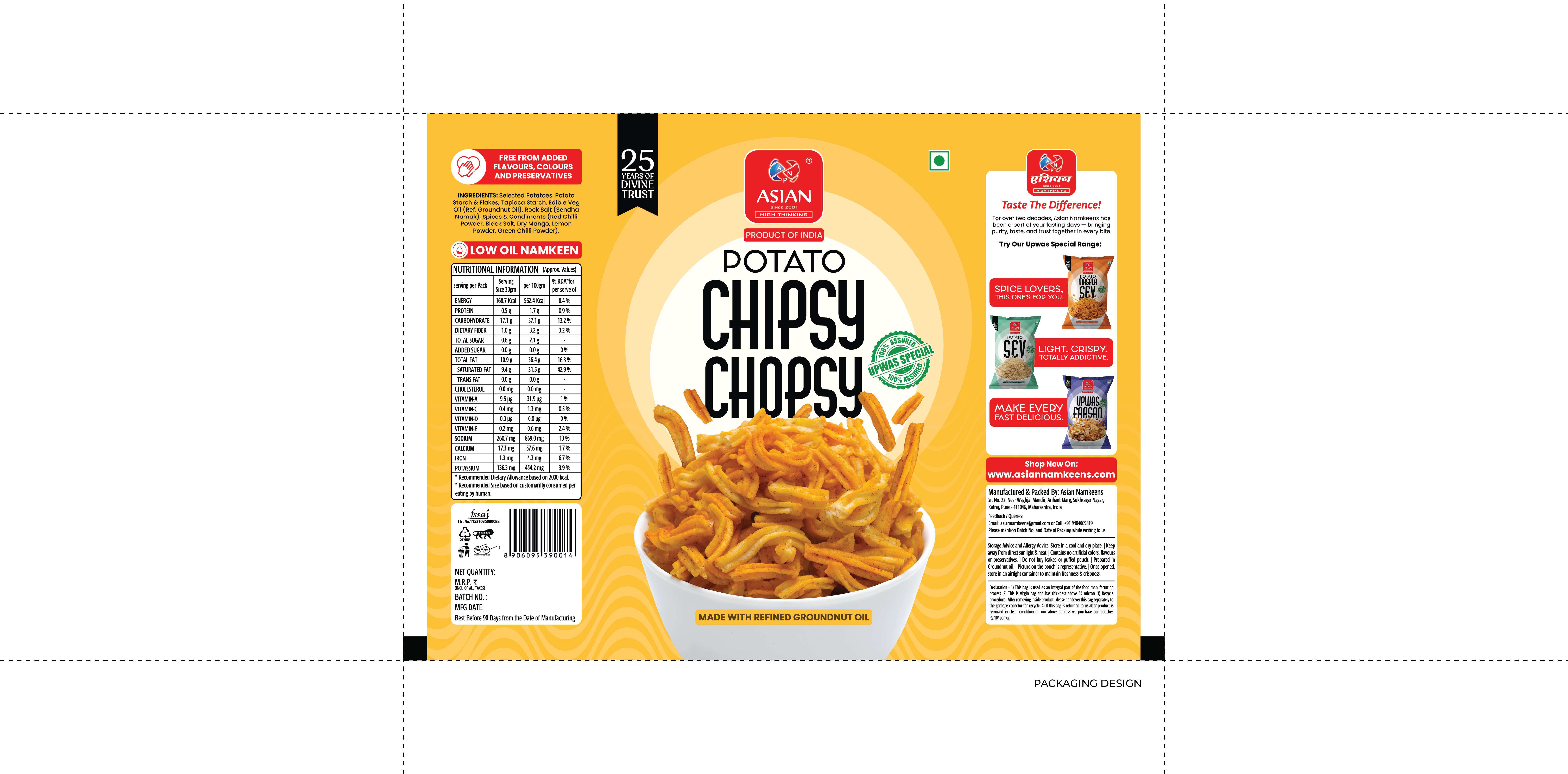 Asian Namkeens packaging flat design by Sigil Advertising Pune