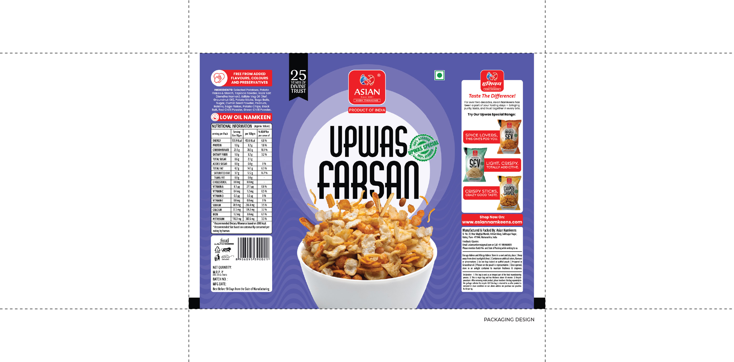 Asian Namkeens packaging flat design by Sigil Advertising Pune