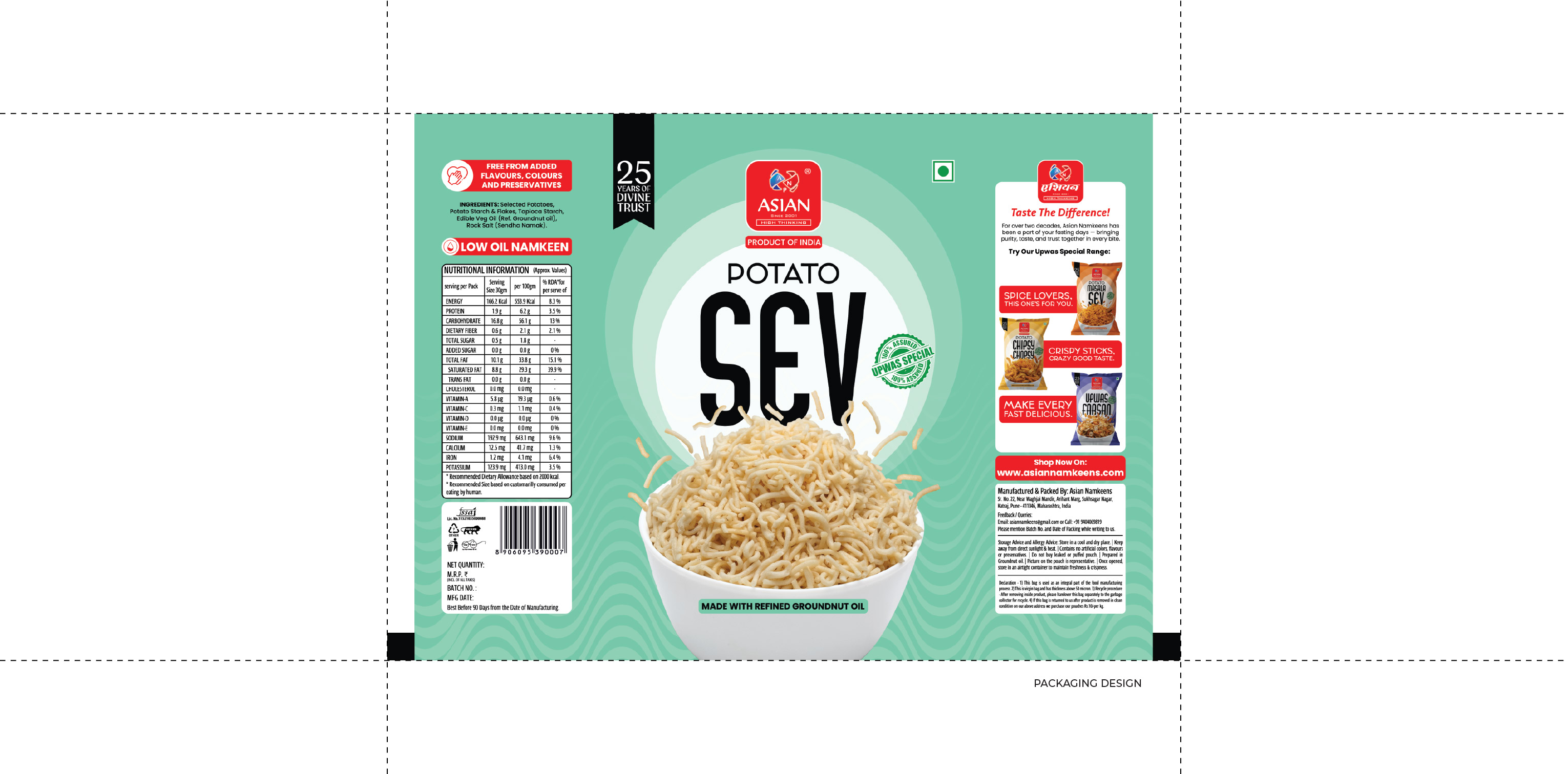 Asian Namkeens packaging flat design by Sigil Advertising Pune