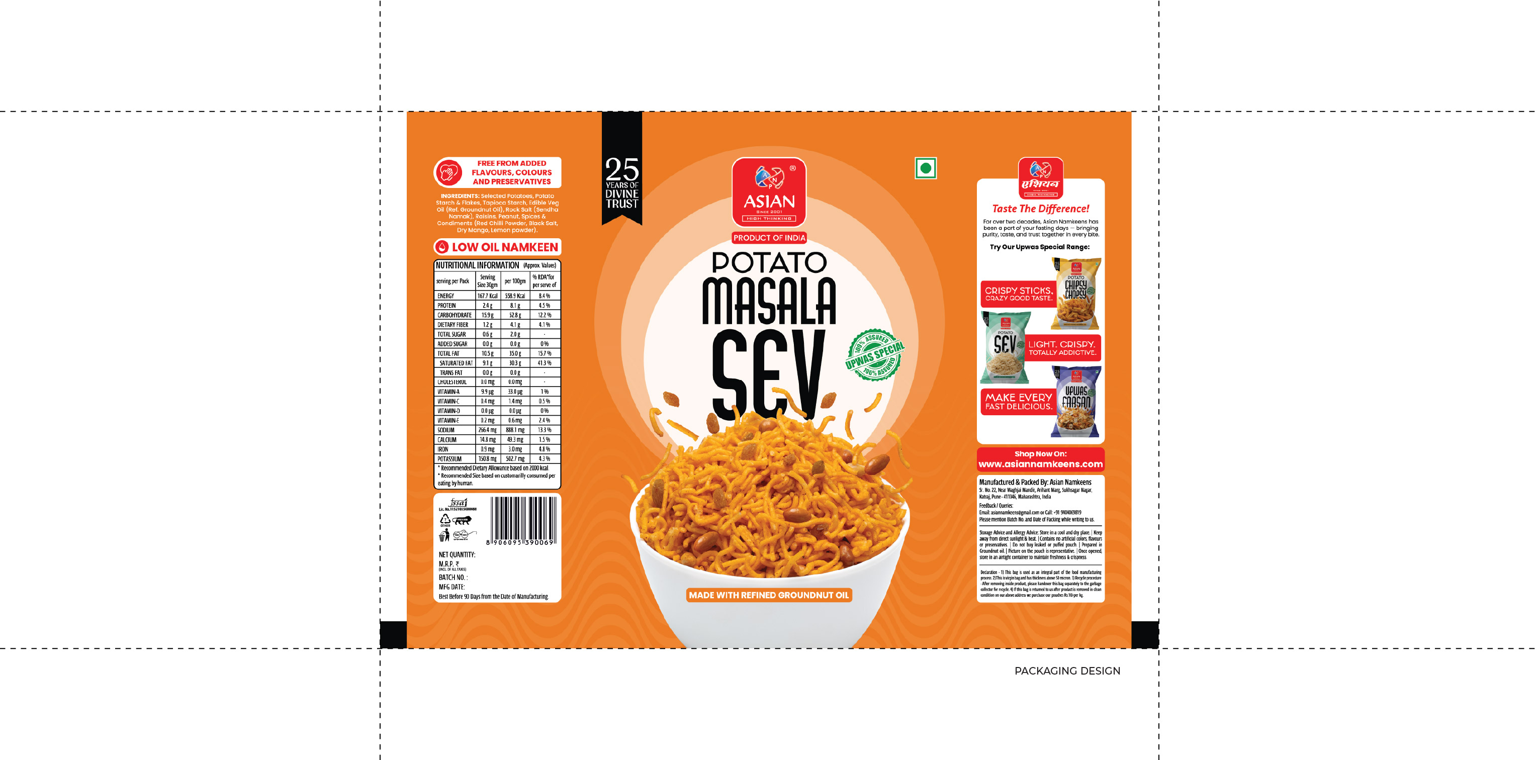 Asian Namkeens packaging flat design by Sigil Advertising Pune