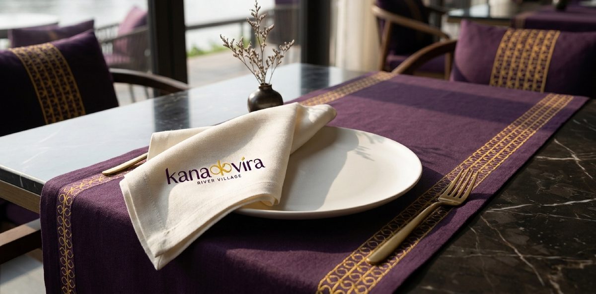 Kanakvira table runner and napkin carrying the brand pattern, designed by Sigil Advertising