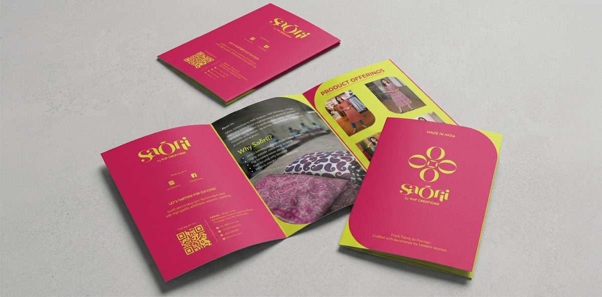 SaŌrii brochure layouts in pink and lime