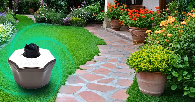 Mosquito trap on a garden path lined with flowers. Mosquito Free World Google Ads creative by Sigil Advertising.