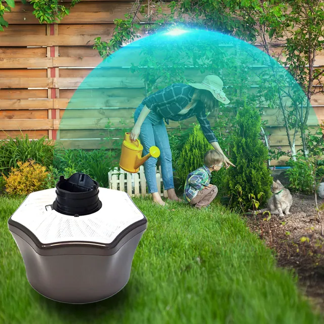 Mosquito trap in a garden beside a woman watering plants. Mosquito Free World Google Ads creative by Sigil Advertising.