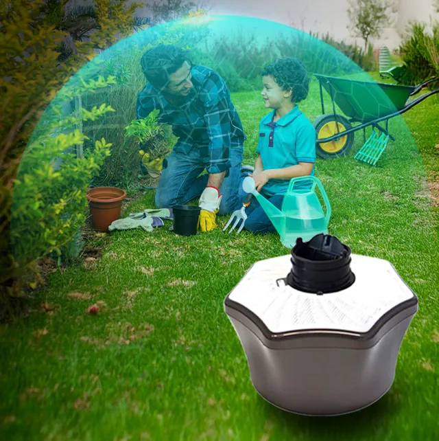 Mosquito trap beside a father and child gardening. Mosquito Free World Google Ads creative by Sigil Advertising.
