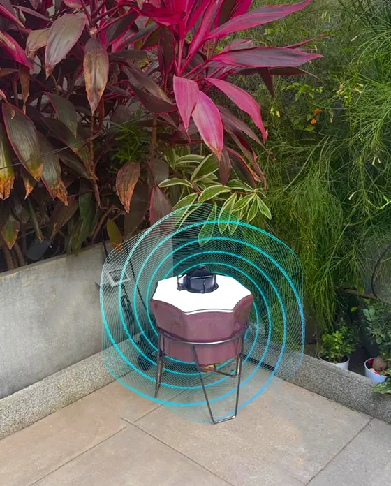 Mosquito trap in a landscaped patio corner. Mosquito Free World Google Ads creative by Sigil Advertising.